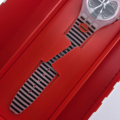 NEW Swatch MASKARA Skeleton Clear Dial Silicone Stripes Watch SUOW122