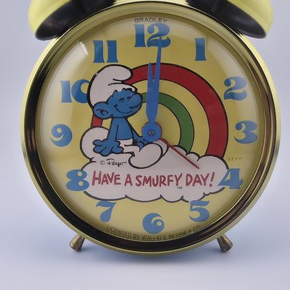 Smurf Double Bell Alarm Clock Bradley Time Blue Yellow Tested Runs Vintage