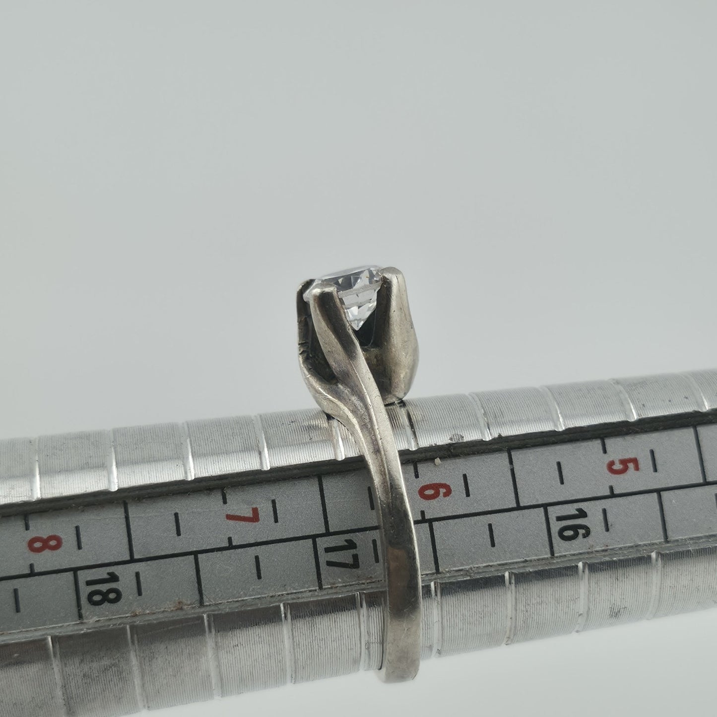 Sterling Silver Solitaire Ring CZ Stone Modernist Design Size 6.5 Vintage