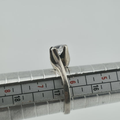 Sterling Silver Solitaire Ring CZ Stone Modernist Design Size 6.5 Vintage