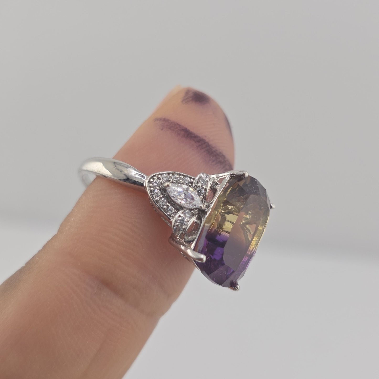 Sterling Silver 925 Ametrine Ring Size 9.25 Cushion Cut Purple Yellow Stone
