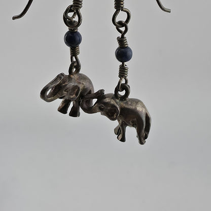 Vintage Elephant Dangle Earrings Blue Bead Silver Tone Boho Tribal Jewelry