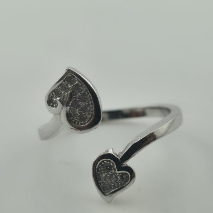 Sterling Silver 925 Double Heart Adjustable Ring Cubic Zirconia Jewelry