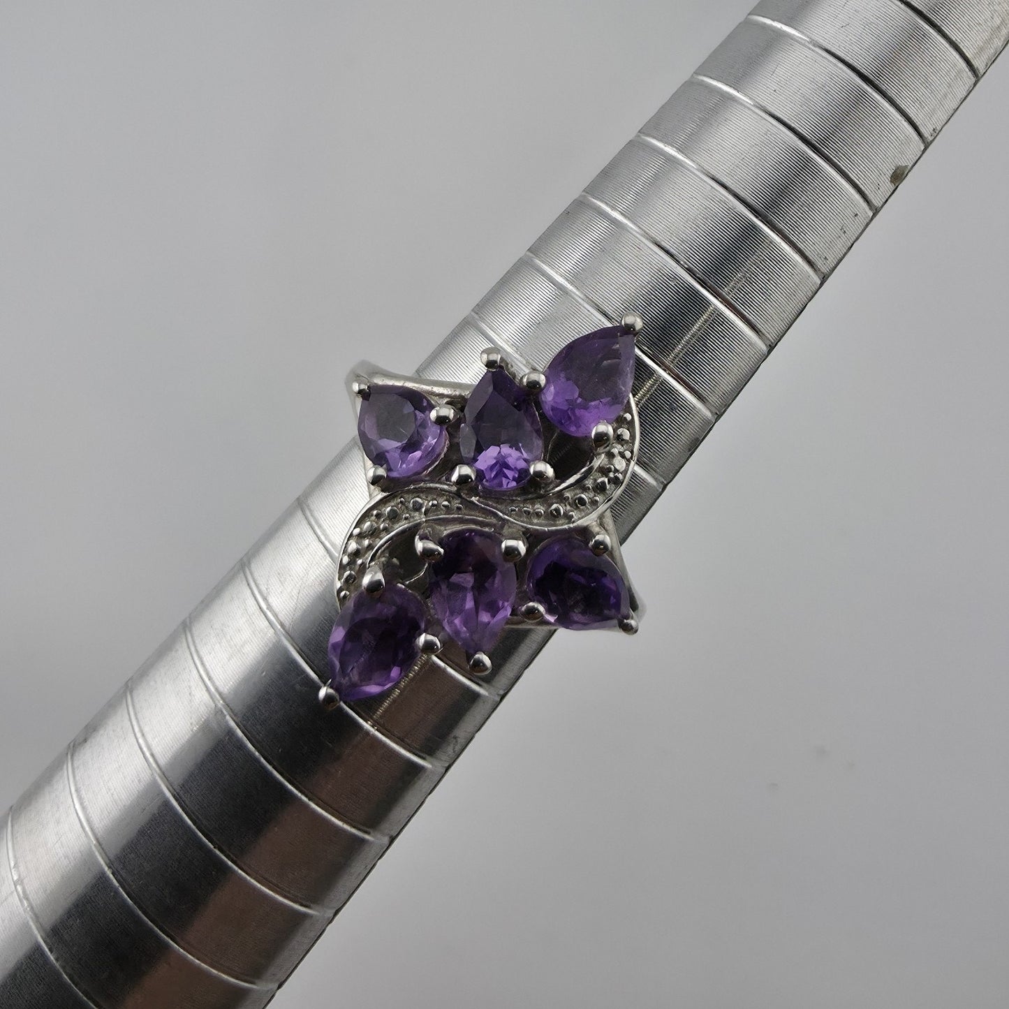 Sterling Silver Plated Amethyst Ring Pear Cut Cluster Swirl Size 6.75 Jewelry