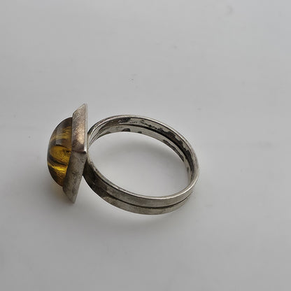 Vintage Sterling Silver Baltic Amber Ring Size 7 Geometric Modernist Statement