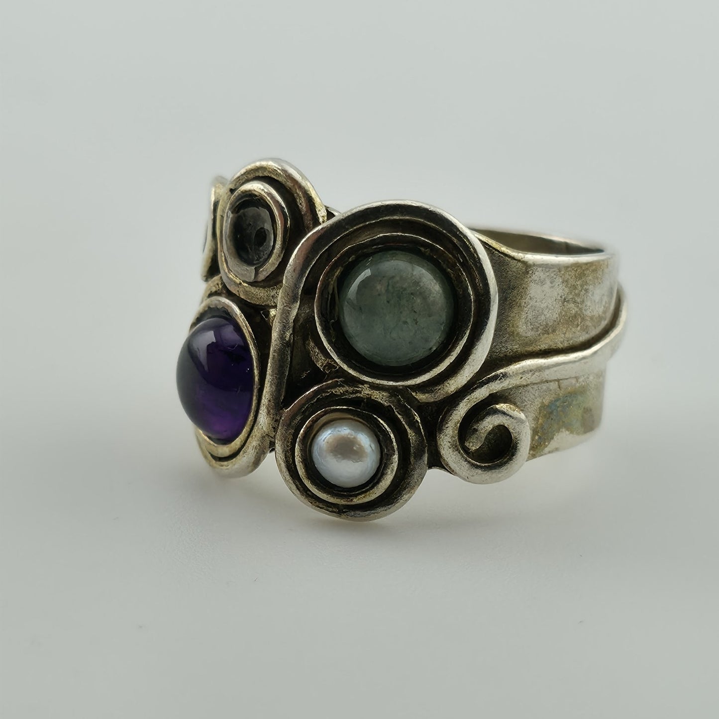 Sterling Silver Multi Stone Ring Sz 5.5 Amethyst Pearl Gem Artisan Missing Stone