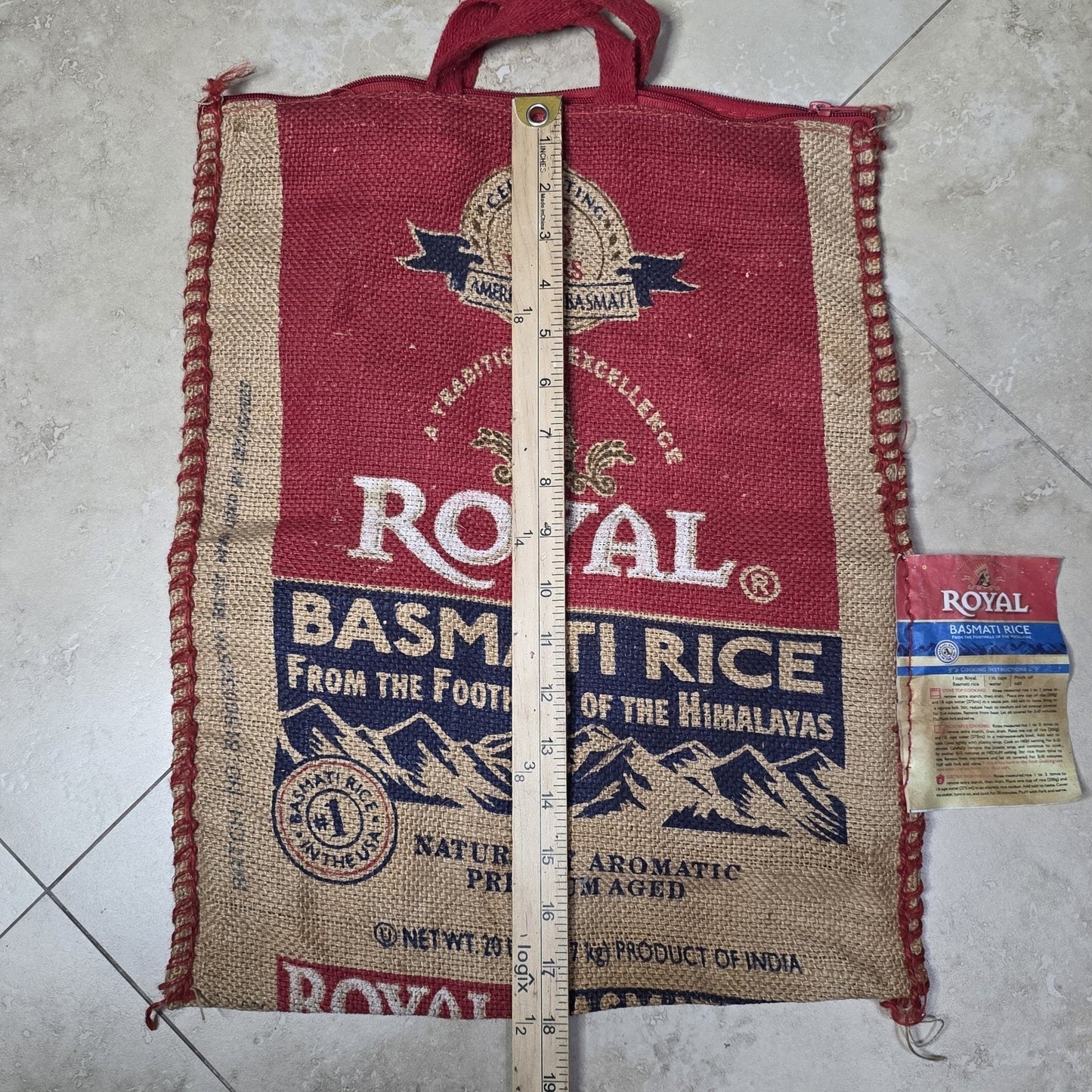 Royal Basmati Rice Burlap Tote Bag Upcycled Sack Reusable Market Bag Red