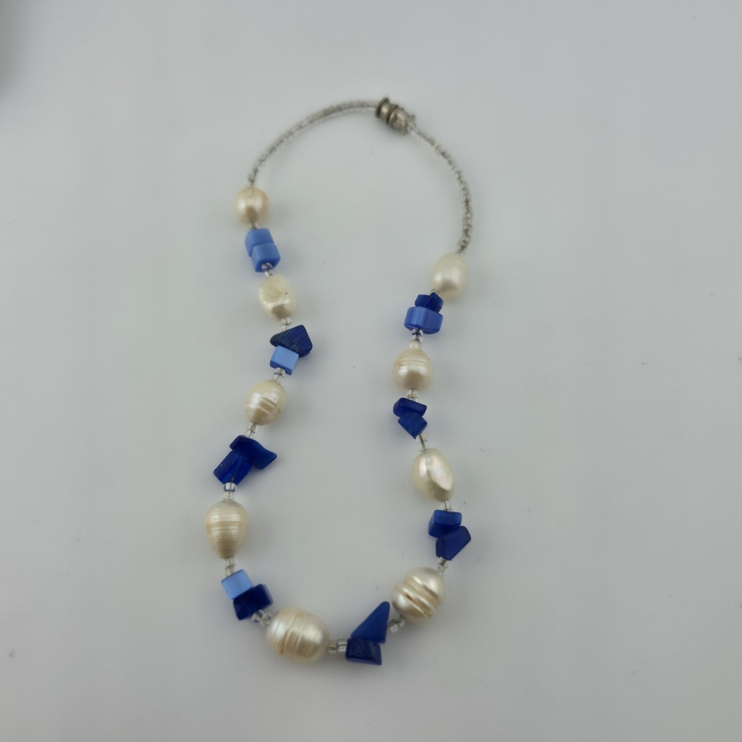 Choker Necklace Natural Pearls Blue Glass / Stone Beads 10in