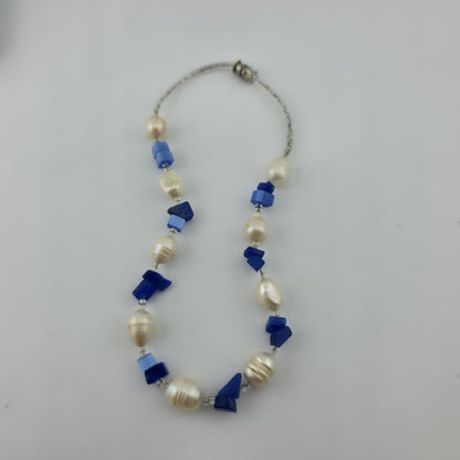Choker Necklace Natural Pearls Blue Glass / Stone Beads 10in