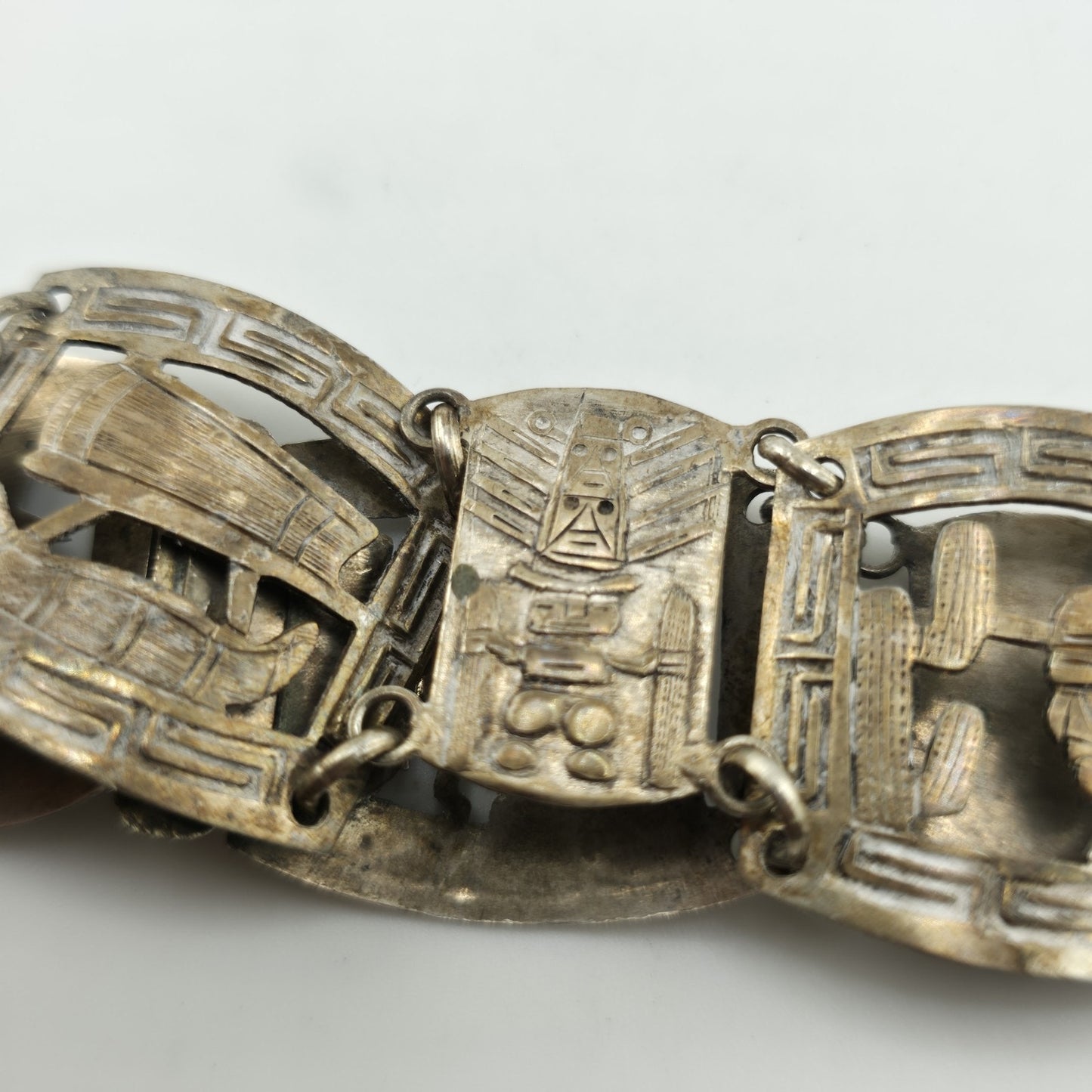 Vintage Sterling Peruvian Story Panel Link Bracelet Cultural Motif Design 15.5g