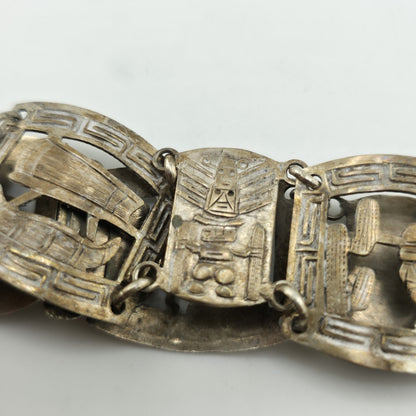Vintage Sterling Peruvian Story Panel Link Bracelet Cultural Motif Design 15.5g