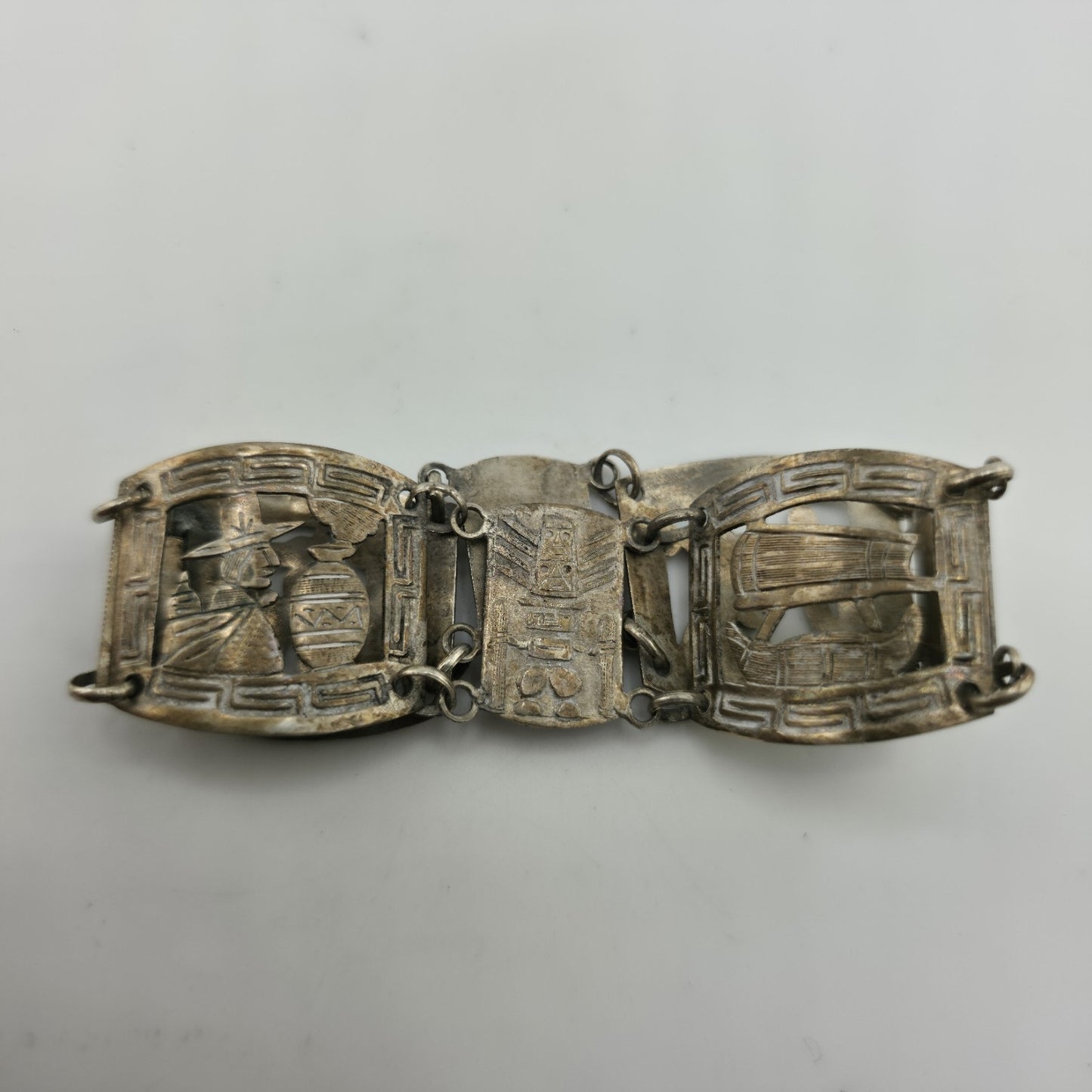 Vintage Sterling Peruvian Story Panel Link Bracelet Cultural Motif Design 15.5g