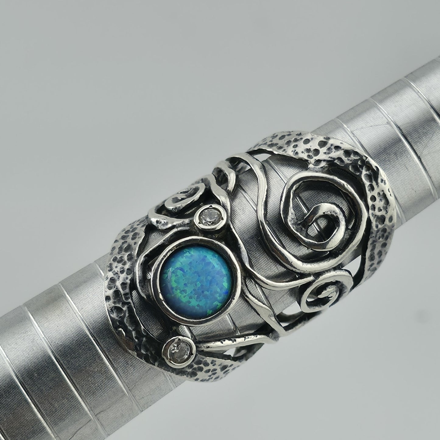 Israel 925 Sterling Silver Ring Size 8 Blue Opal Wide Band Abstract
