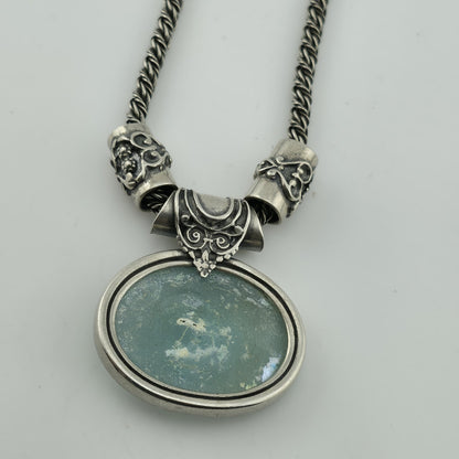 Sterling Silver Necklace 16" Ancient Roman Byzantine Empire Glass Pendant 44.7g