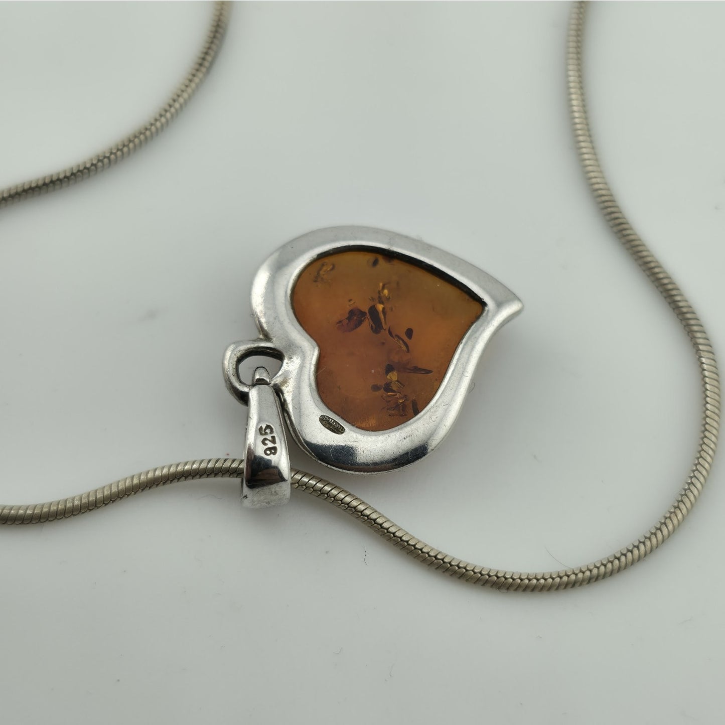 Paolo Romeo Sterling Silver 925 Amber Heart Pendant Necklace Snake Chain 16"