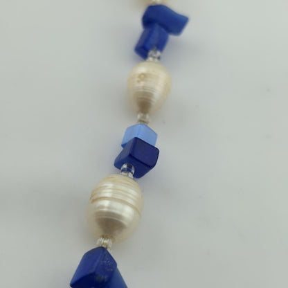 Choker Necklace Natural Pearls Blue Glass / Stone Beads 10in