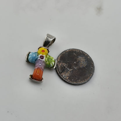 Allan K Sterling Silver Murano Millefiori Glass Cross Pendant Floral Mosaic