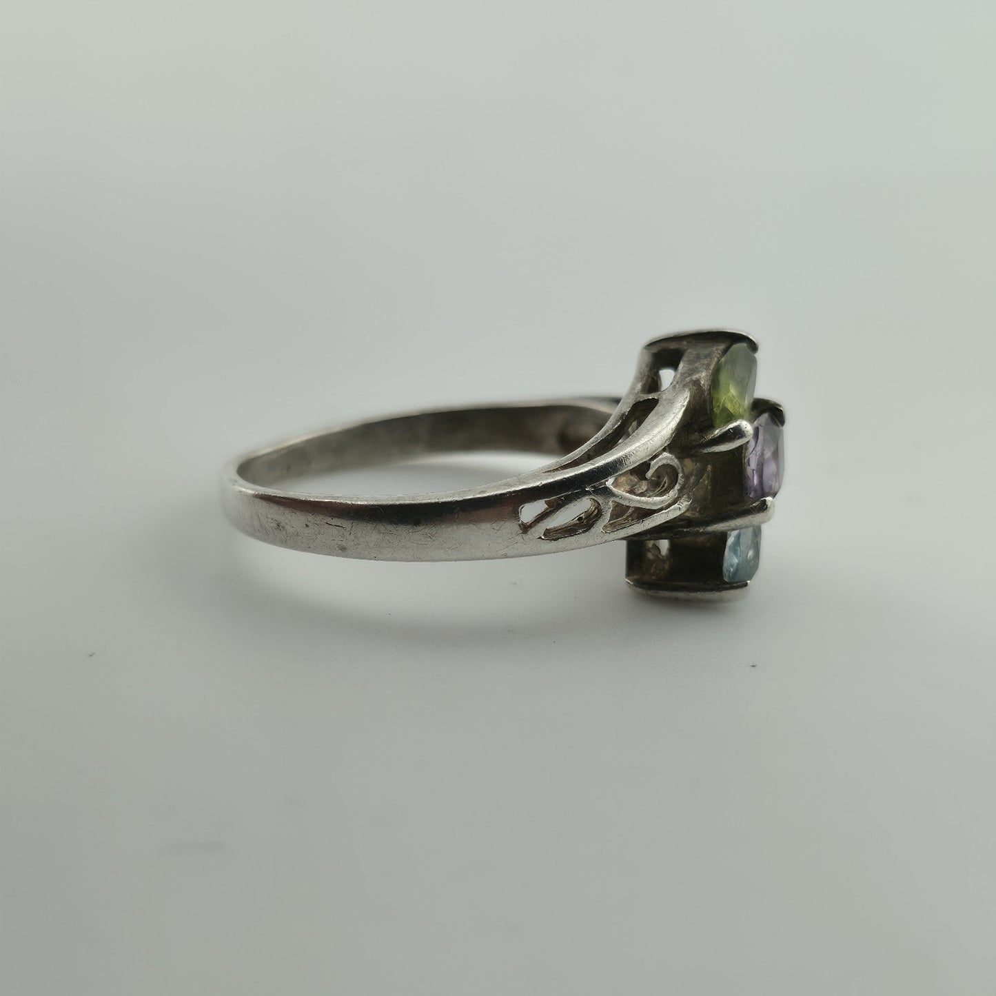 Sterling Silver Ring Stacked Topaz Amethyst Peridot Scroll Bypass Band 925 7.50