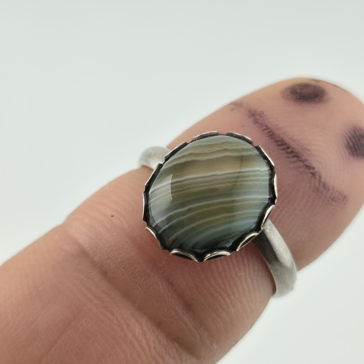 Vintage Sterling Silver Banded Agate Ring Adjustable Size 925 Statement Stone