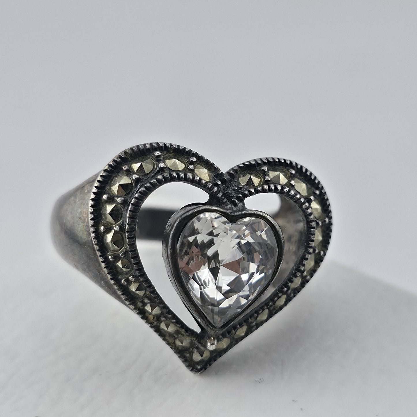 Sterling Silver 925 Heart Ring Clear CZ Marcasite Open Heart Size 7 Patina