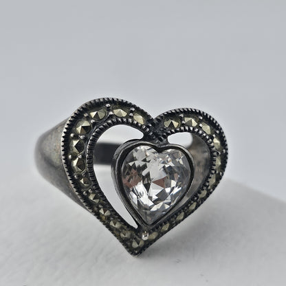 Sterling Silver 925 Heart Ring Clear CZ Marcasite Open Heart Size 7 Patina