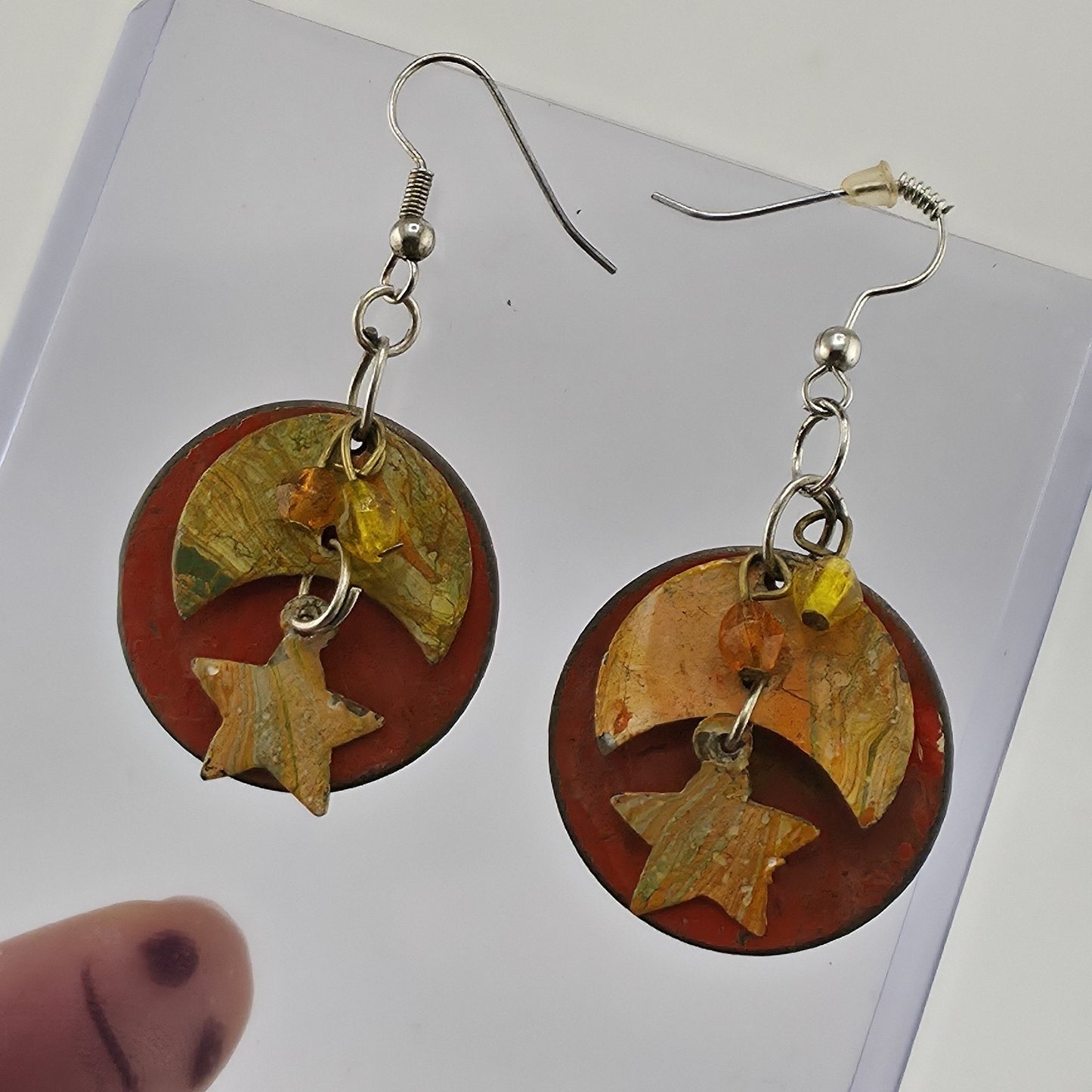 Vintage Handmade Boho Dangle Earrings Star Moon Mixed Media Rustic Art Jewelry