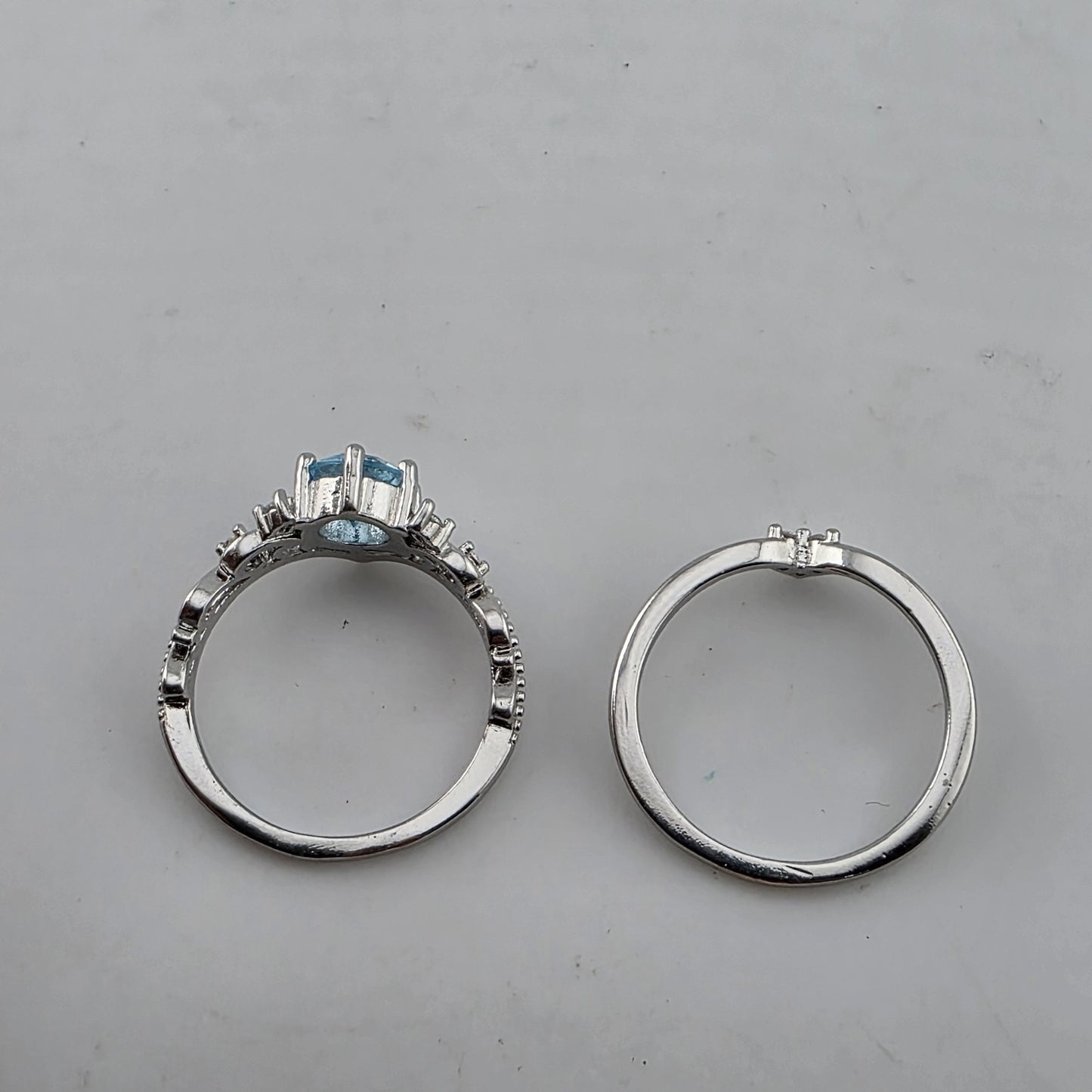 Silver Tone Blue Stone Tiara Ring Set 2 Pcs Size 7 New Cute Fashion costume