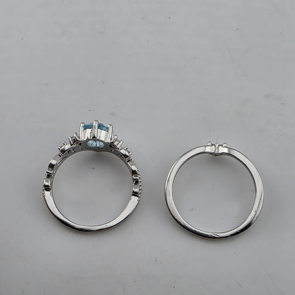 Silver Tone Blue Stone Tiara Ring Set 2 Pcs Size 7 New Cute Fashion costume