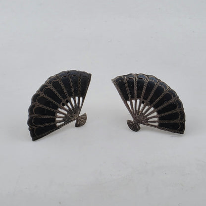 Vintage Siam Sterling Silver Niello Fan Screw Back Earrings Made In Siam Thai
