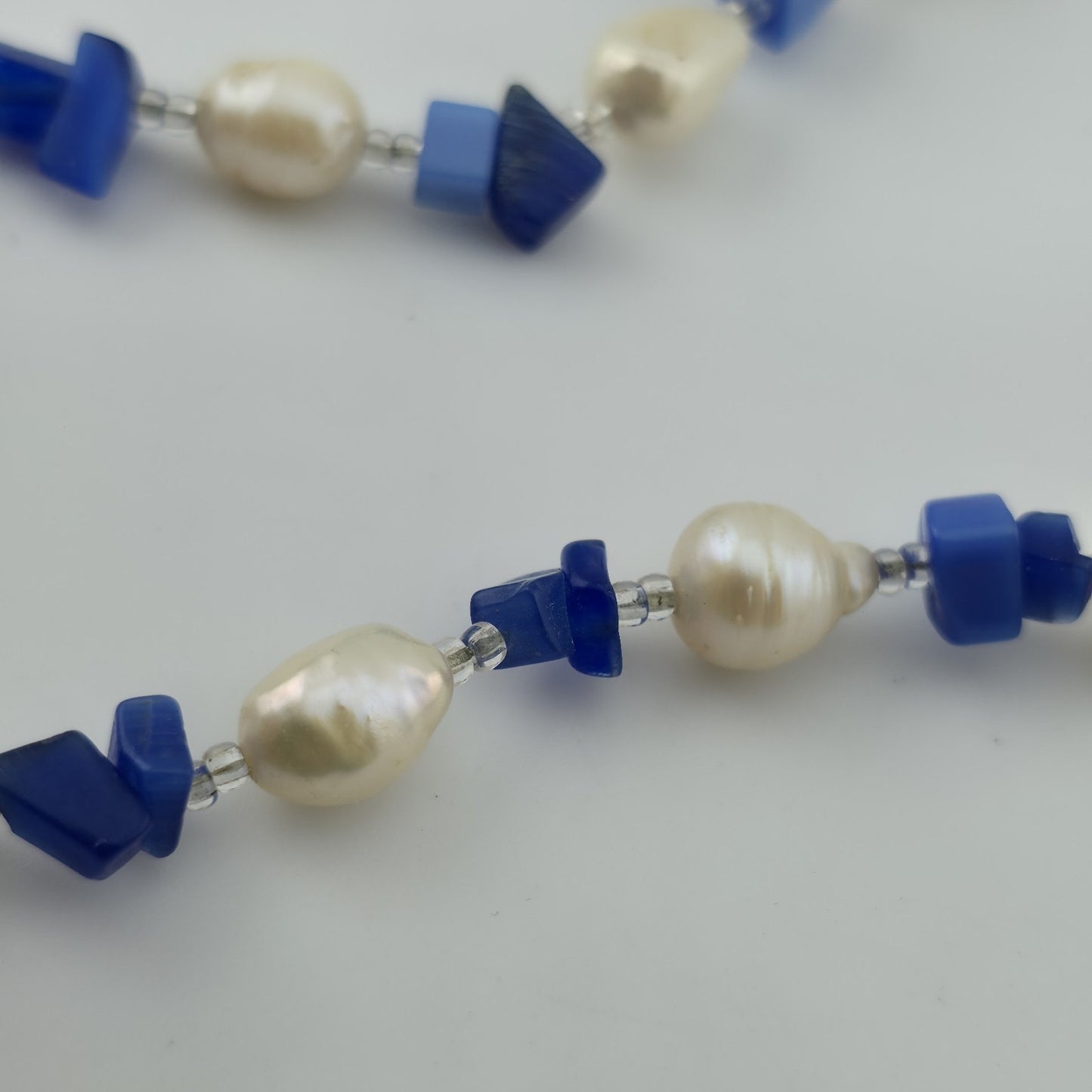 Choker Necklace Natural Pearls Blue Glass / Stone Beads 10in
