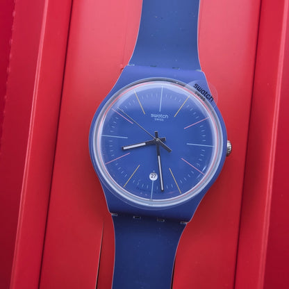 Swatch Blue Layered SUOS403 Quartz Blue Dial Watch New in Box Reverse strap 2019