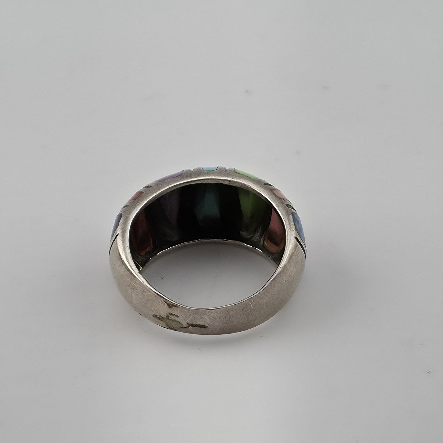 Sterling Silver Multi Color Inlay Ring Southwestern Style Dome Size 5.5
