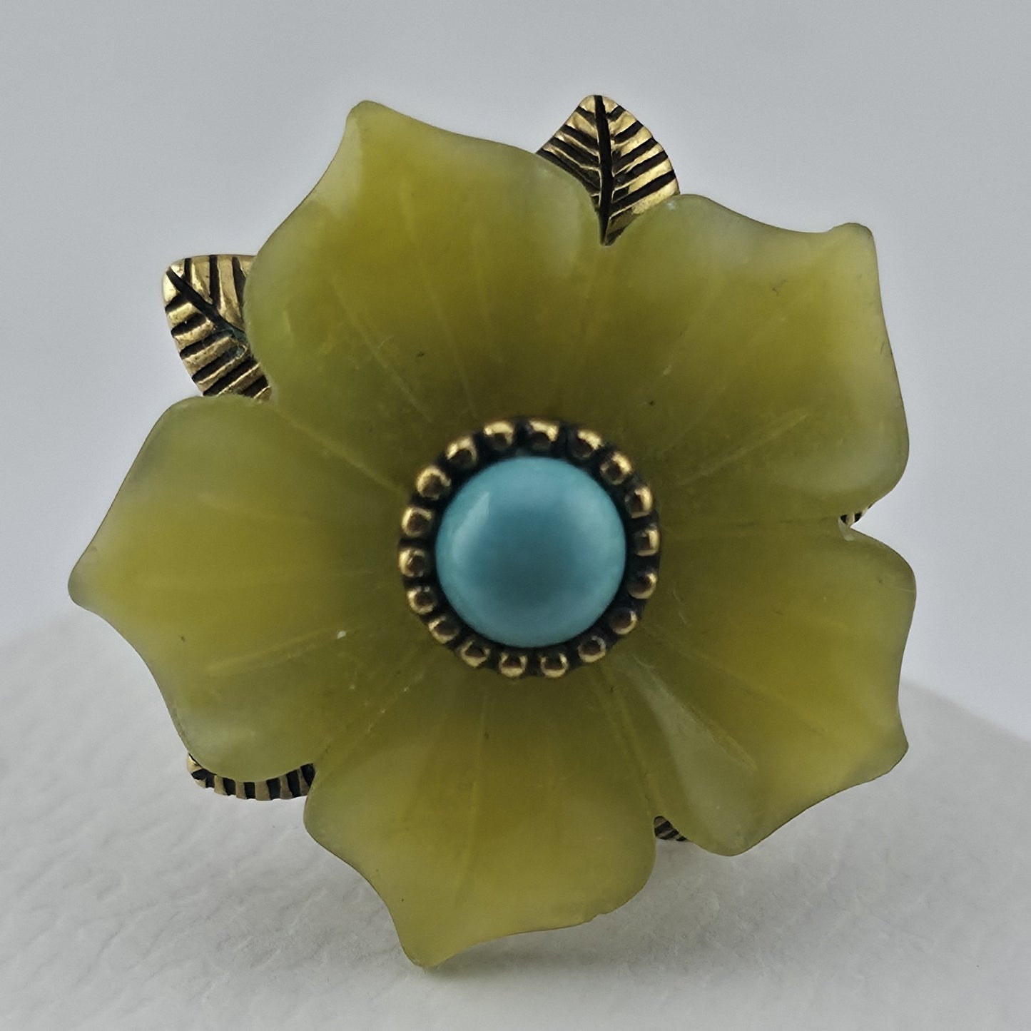 Sterling Silver Bronze Flower Ring Size 7 Yellow Floral Turquoise Cabochon 925