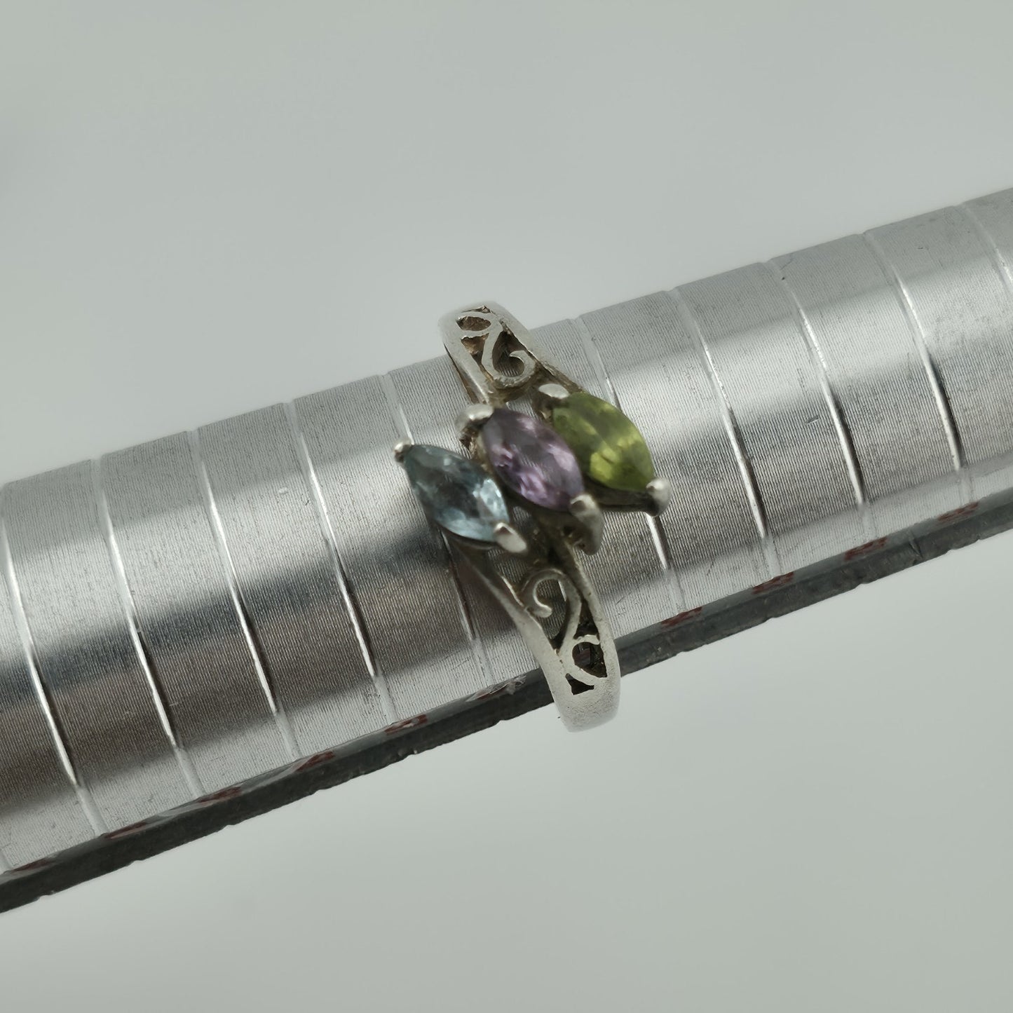 Sterling Silver Ring Stacked Topaz Amethyst Peridot Scroll Bypass Band 925 7.50