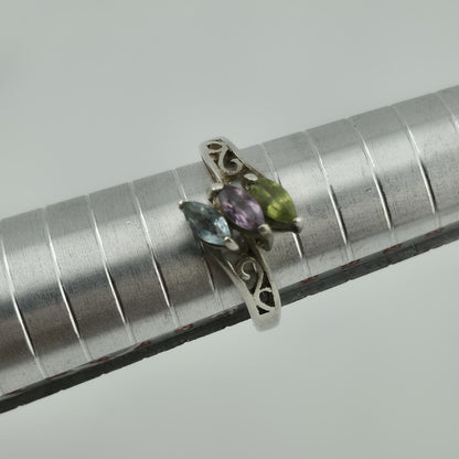 Sterling Silver Ring Stacked Topaz Amethyst Peridot Scroll Bypass Band 925 7.50
