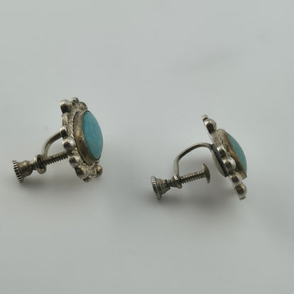 Vintage Turquoise Sterling Silver Screw Back Earrings Southwestern Style