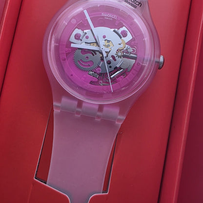 Rare Swatch Swiss PINKMAZING New Gents PINK SKELETON DIAL Silicone Strap 41MM