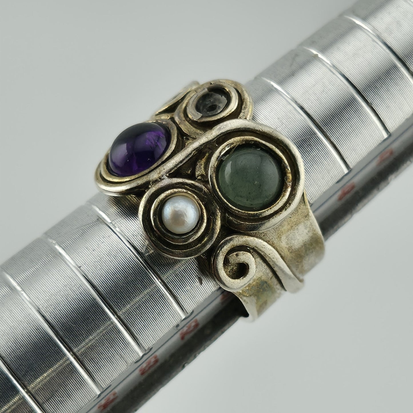 Sterling Silver Multi Stone Ring Sz 5.5 Amethyst Pearl Gem Artisan Missing Stone