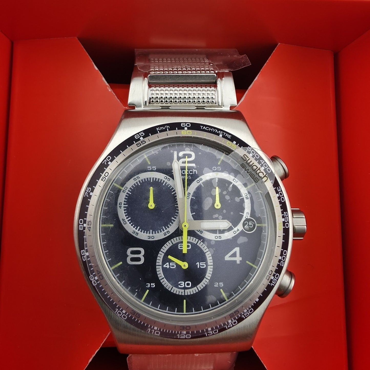 NEW LIMITED Swatch Irony SPRINKLED WATER Tachymeter Steel Men's Watch YVS411