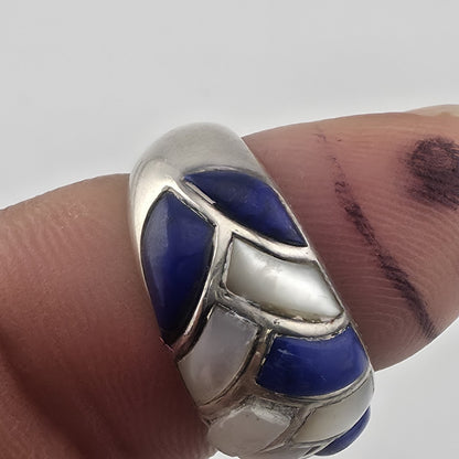Vintage Sterling Silver Blue White Inlay Ring Size 6 Thailand 925 Mosaic Dome