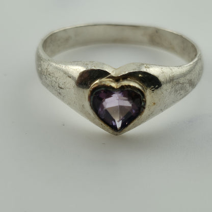 Sterling Silver Heart Ring Purple Stone Size 7 Vintage 925 Band Romantic