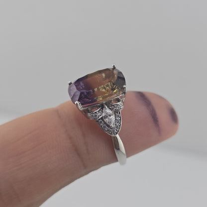 Sterling Silver 925 Ametrine Ring Size 9.25 Cushion Cut Purple Yellow Stone