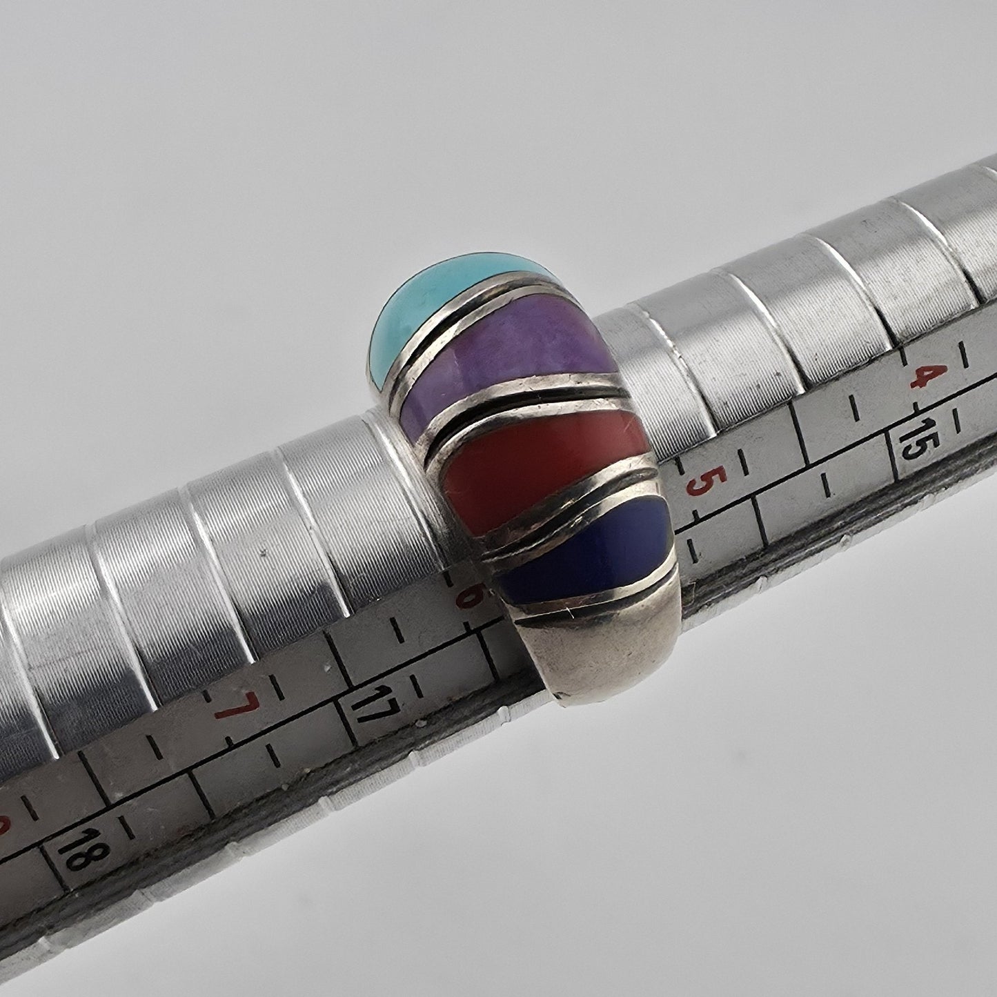 Sterling Silver Multi Color Inlay Ring Southwestern Style Dome Size 5.5
