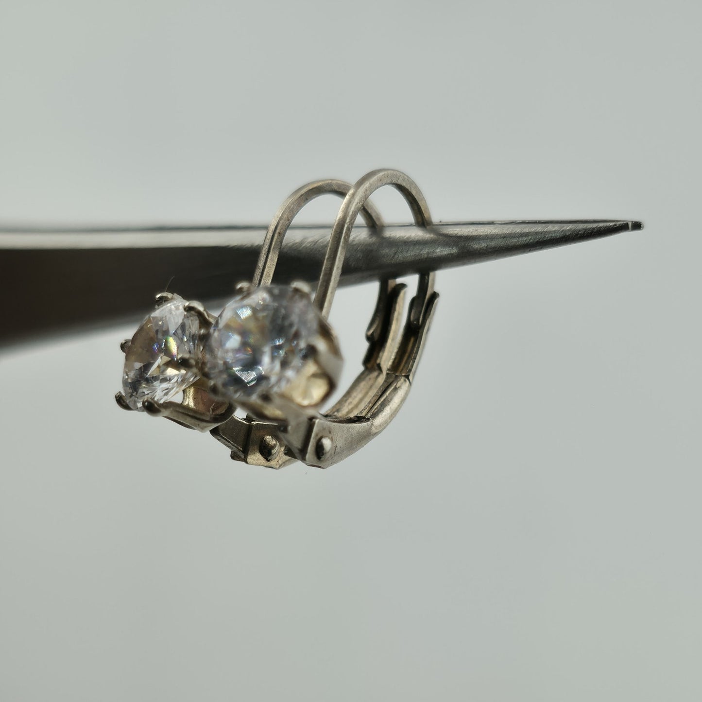 Vintage 925 Sterling Silver CZ Leverback Earrings Clear Round Solitaire Jewelry