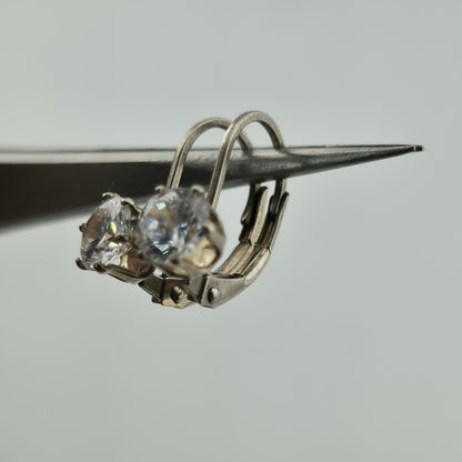 Vintage 925 Sterling Silver CZ Leverback Earrings Clear Round Solitaire Jewelry