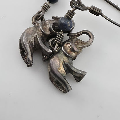Vintage Elephant Dangle Earrings Blue Bead Silver Tone Boho Tribal Jewelry