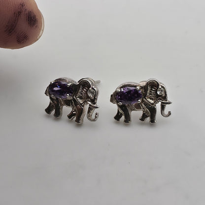 Vintage 925 Sterling Silver Elephant Stud Earrings Amethyst Purple Animal Jewelr