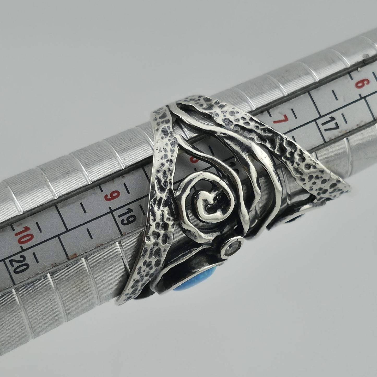 Israel 925 Sterling Silver Ring Size 8 Blue Opal Wide Band Abstract