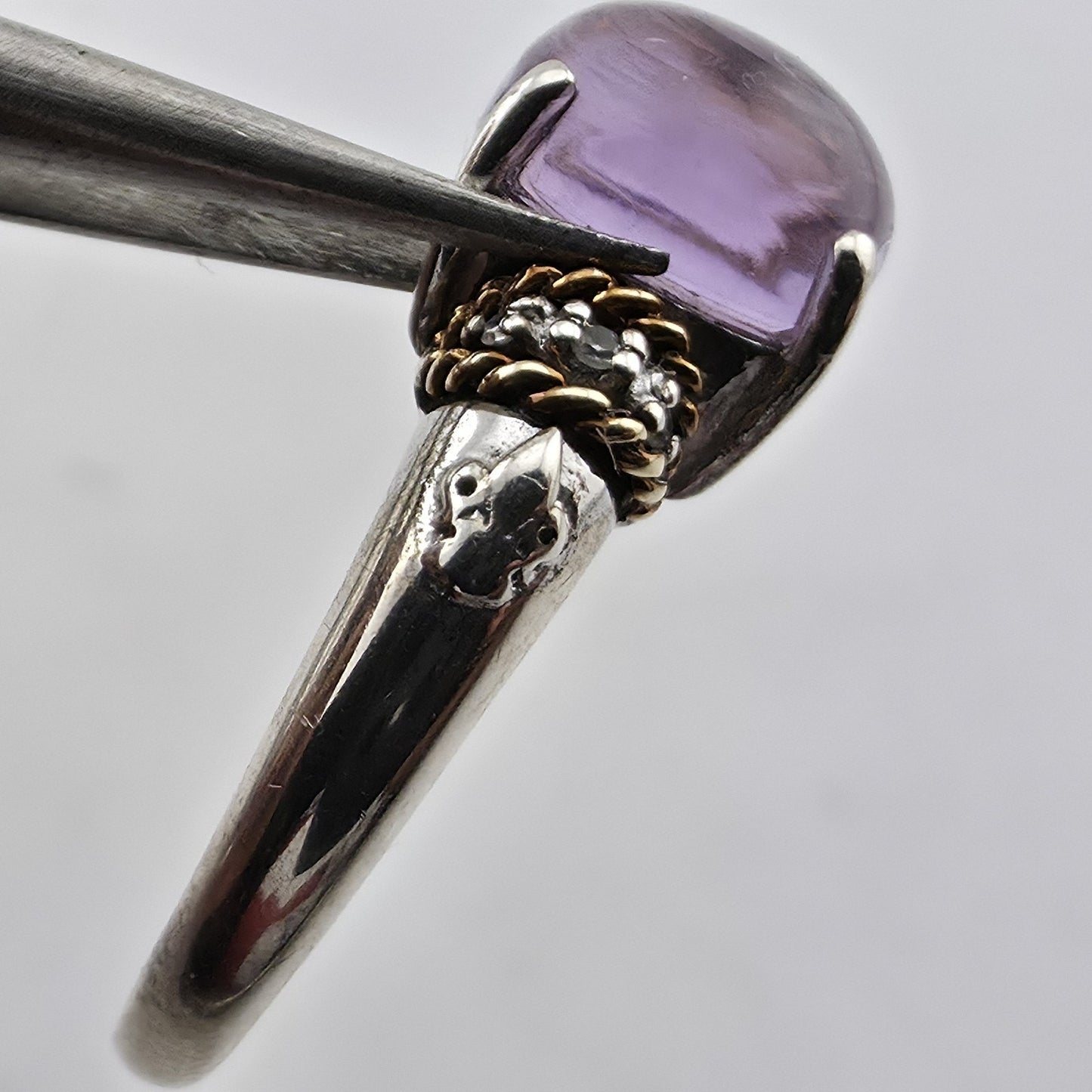 Sterling Silver & 18K Amethyst Cabochon Ring Designer Signed P G Size 5.75