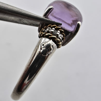 Sterling Silver & 18K Amethyst Cabochon Ring Designer Signed P G Size 5.75